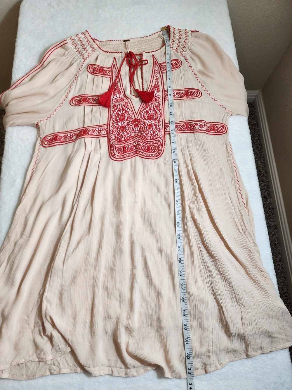 Free People Wind Willow Embroidered Mini Dress S Ivory Red Boho Peasant Dress - Picture 6 of 13